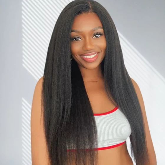 Yaki Straight Lace Wigs Pre Plucked Kinky Straight Lace Closure Wig Virgin Human Hair 180% Density